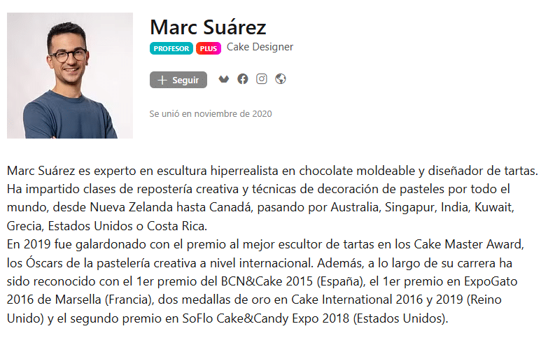 Captura de pantalla del perfil de Marc Suárez, cake designer y experto en escultura hiperrealista en chocolate moldeable, con su foto y biografía profesional. - Recetas Chidas