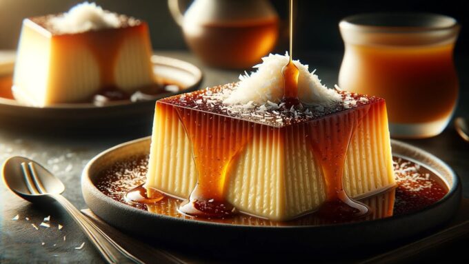 Flan de coco cubano con caramelo servido en un plato oscuro, cubierto con coco rallado y con jarabe de caramelo derramándose por encima.