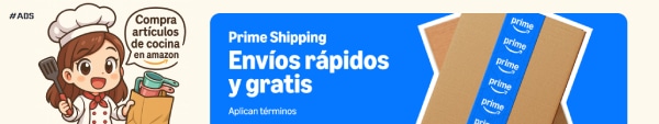 Banner publicitario horizontal de Amazon Prime con una chef dibujada y cajas, mostrando el texto 'Prime Shipping Envíos rápidos y gratis'. - Recetas Chidas