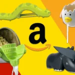 Collage de gadgets de cocina de Amazon en fondo amarillo y rojo, incluyendo un pelador con forma de oruga, un separador de yemas en forma de huevo, un colador verde y un embudo negro con la letra 'a' de Amazon. - Recetas Chidas