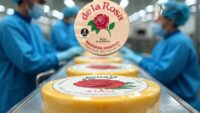 Línea de producción de Mazapán de la Rosa, con trabajadores en uniforme azul y un dulce empaquetado con logo de rosa en primer plano. - Recetas Chidas