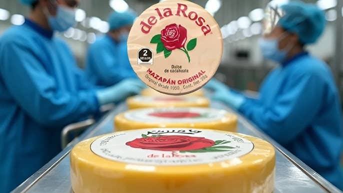 Línea de producción de Mazapán de la Rosa, con trabajadores en uniforme azul y un dulce empaquetado con logo de rosa en primer plano. - Recetas Chidas