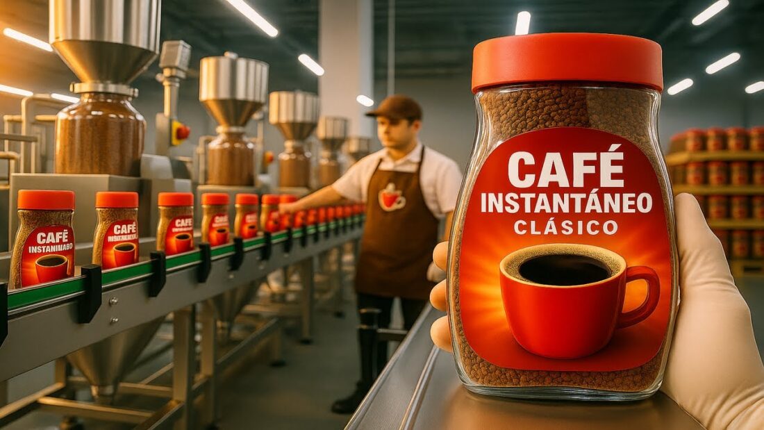 Fotografía de una mano sosteniendo un frasco de café instantáneo clásico en una línea de producción de fábrica, con frascos de café y un trabajador al fondo. - Recetas Chidas
