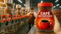 Fotografía de una mano sosteniendo un frasco de café instantáneo clásico en una línea de producción de fábrica, con frascos de café y un trabajador al fondo. - Recetas Chidas