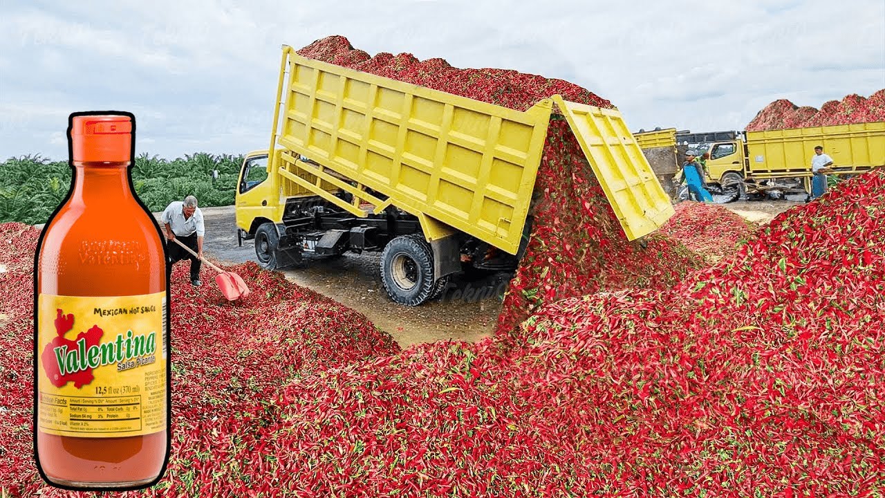 Imagen de un camión descargando una gran pila de chiles rojos con una botella de salsa Valentina en primer plano.