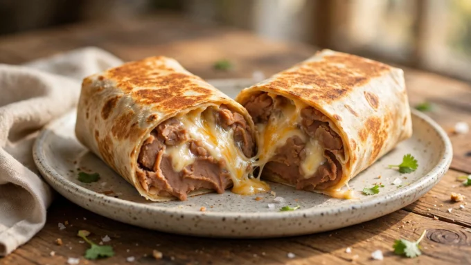 Burrito de frijoles con queso partido por la mitad