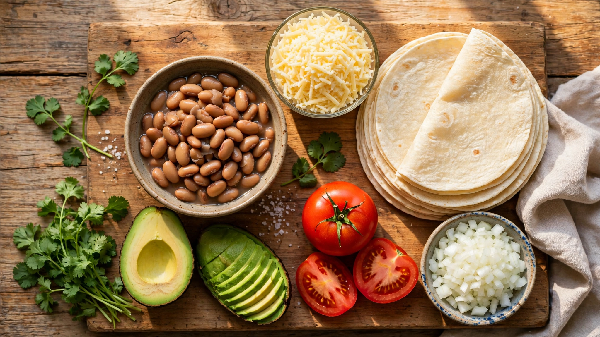 Ingredientes para burritos de frijoles sobre una tabla