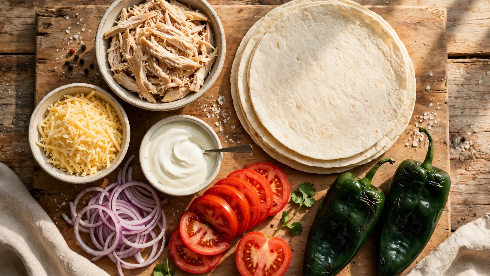 Chimichangas de pollo con salsa, crema y queso
