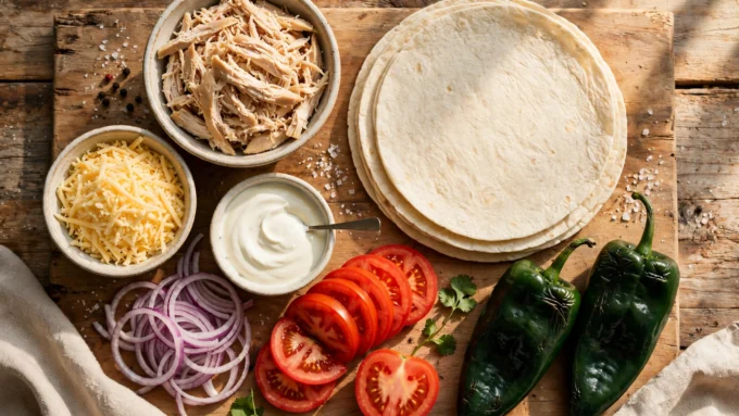 Chimichangas de pollo con salsa, crema y queso