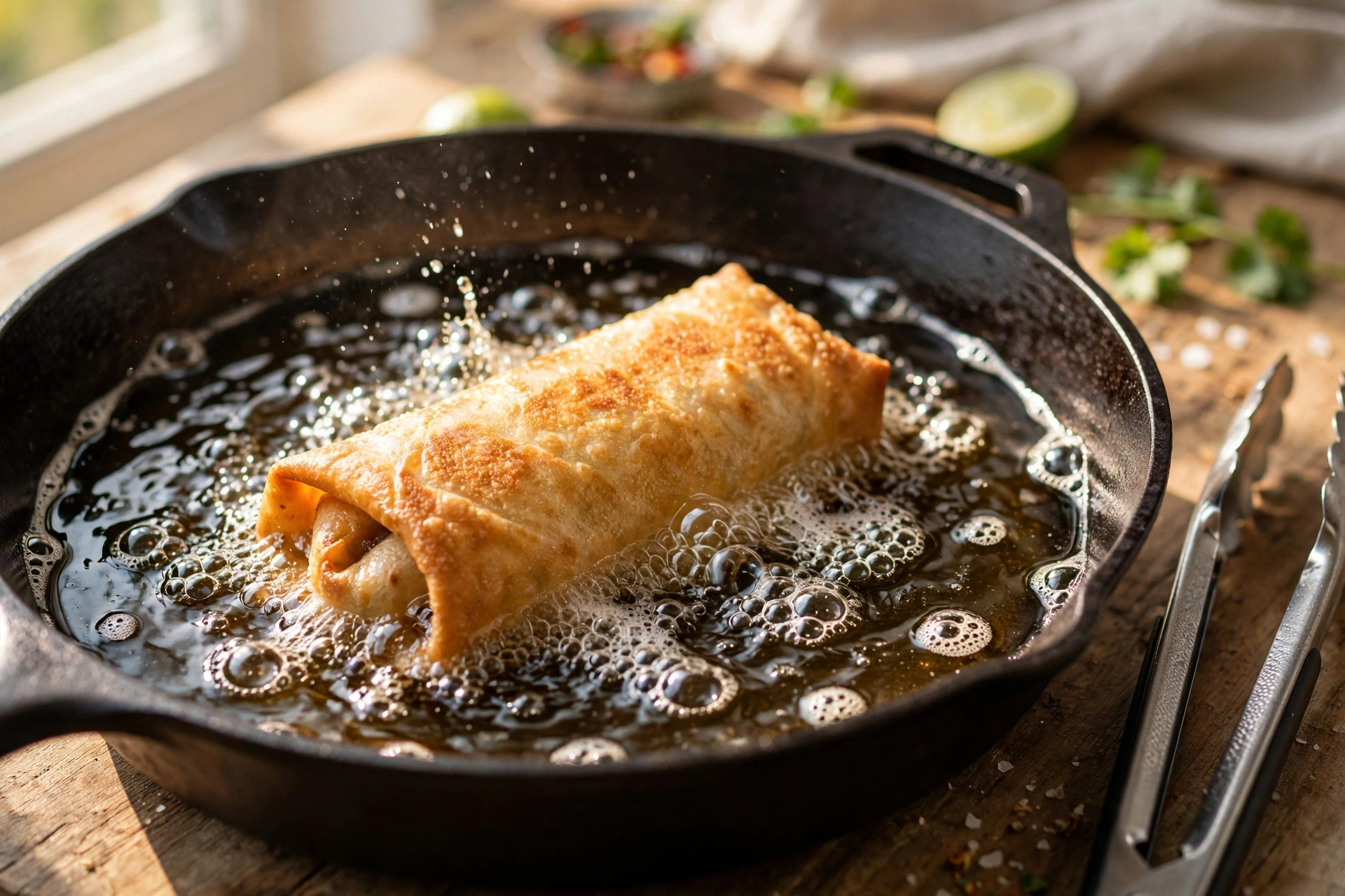 Chimichanga friéndose en aceite caliente