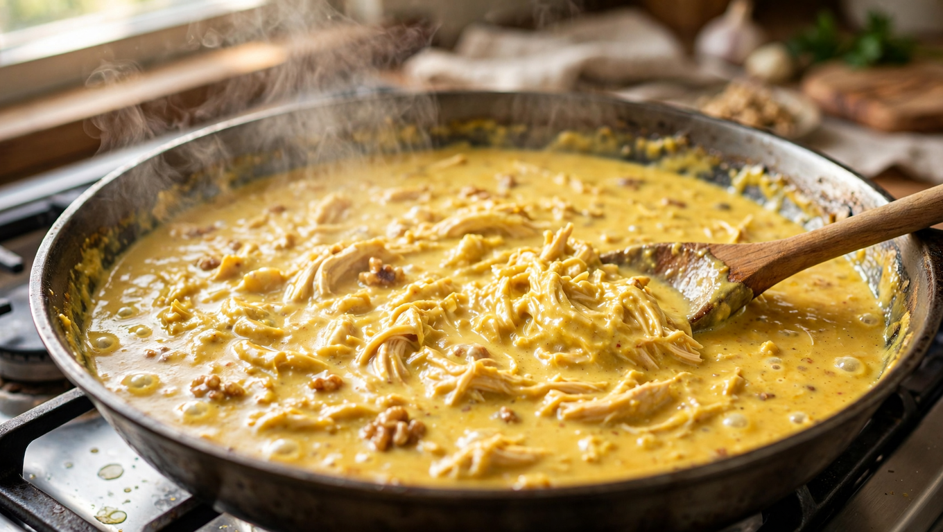 Sartén con ají de gallina cremoso hirviendo a fuego lento mientras se revuelve con cuchara de madera