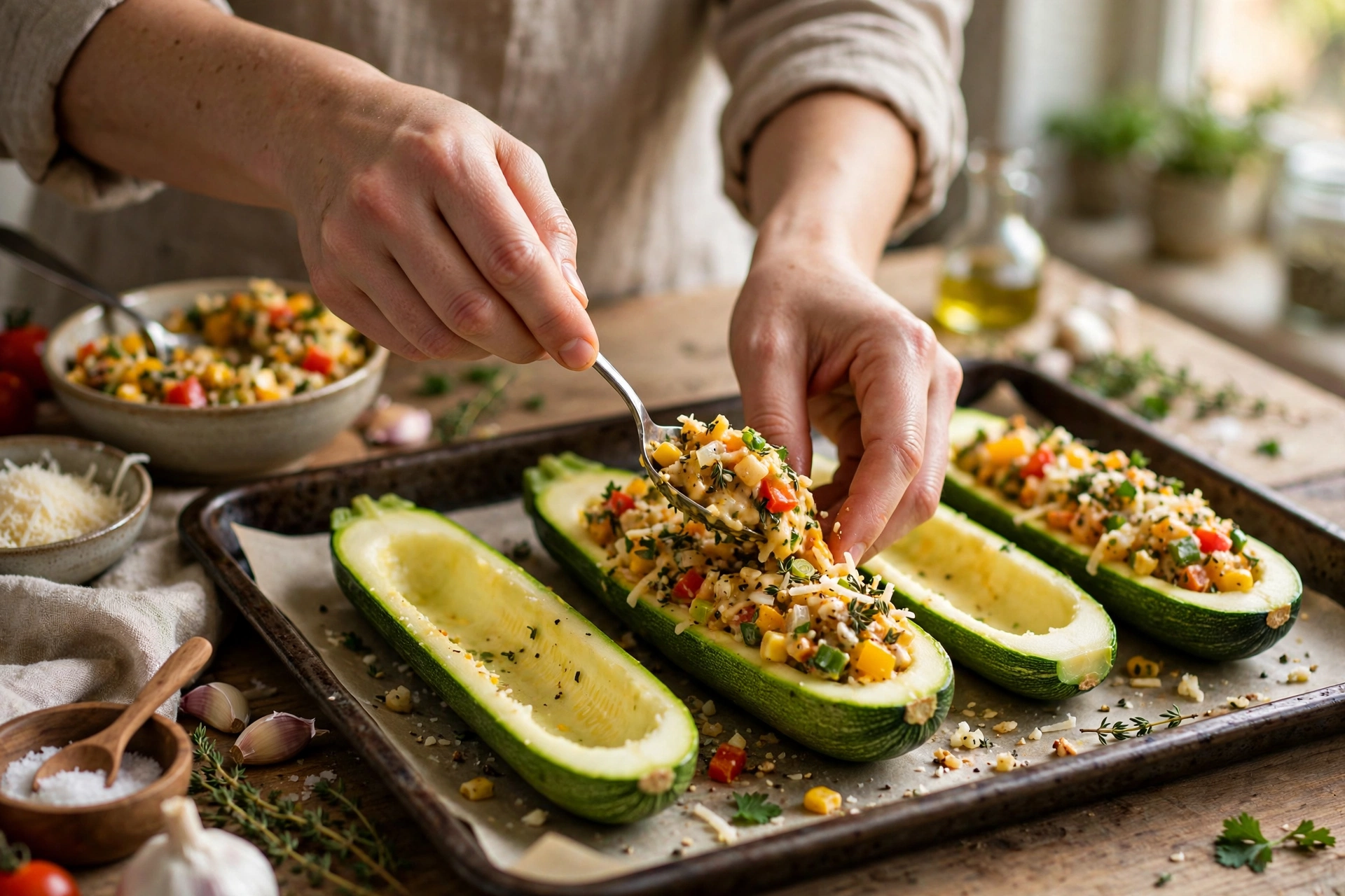 Manos rellenando mitades de calabacita con queso y verduras en una charola