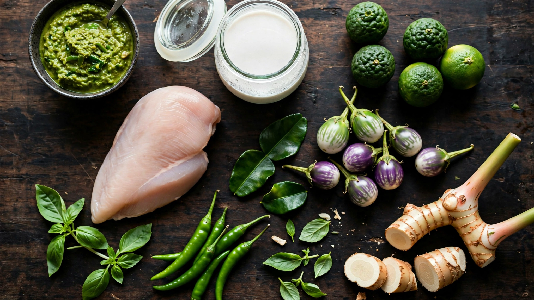 Ingredientes del curry verde tailandés: pasta de curry, leche de coco, pollo, albahaca y lima kaffir