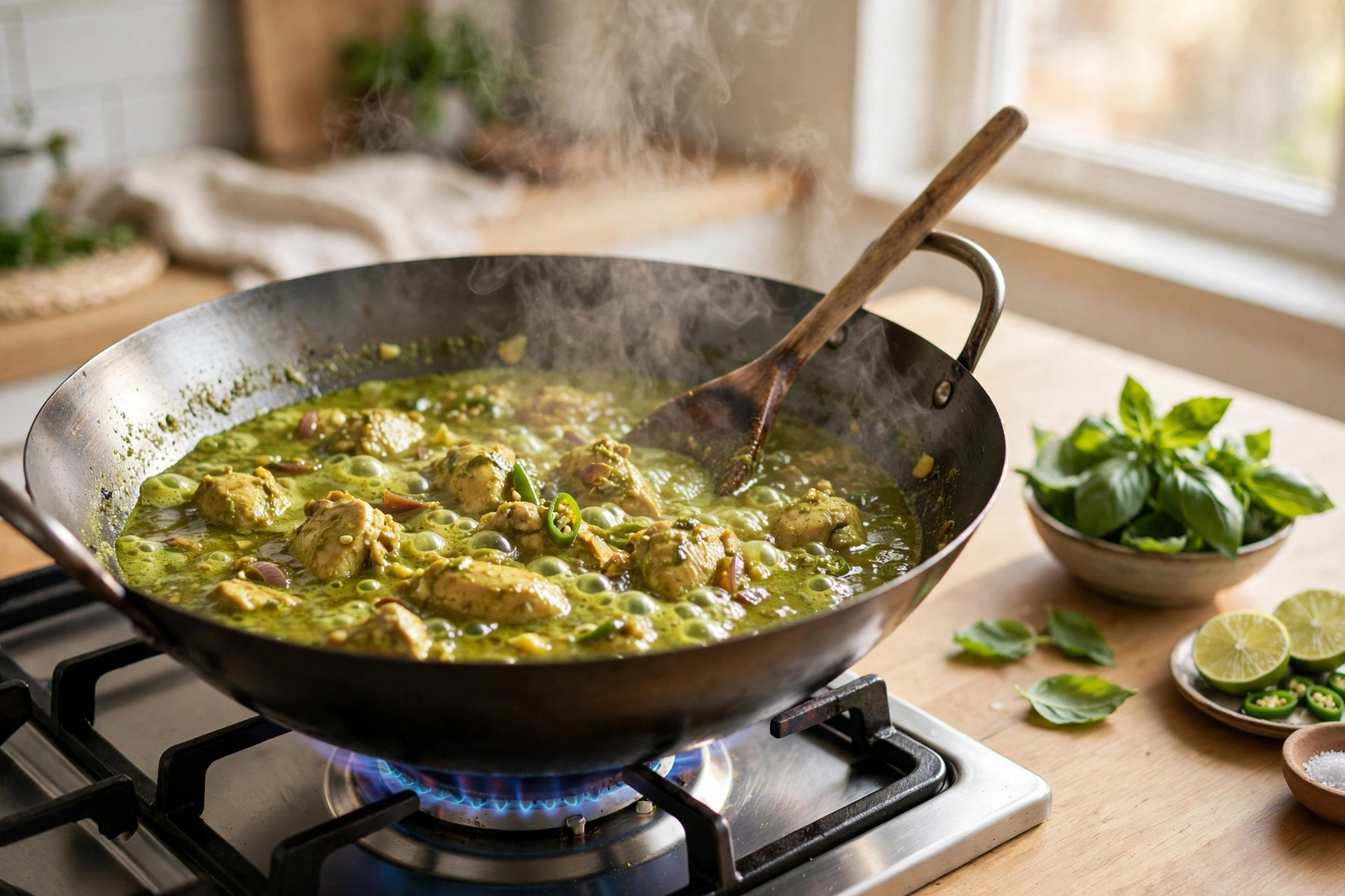 Wok con curry verde tailandés burbujeando suavemente con trozos de pollo y albahaca
