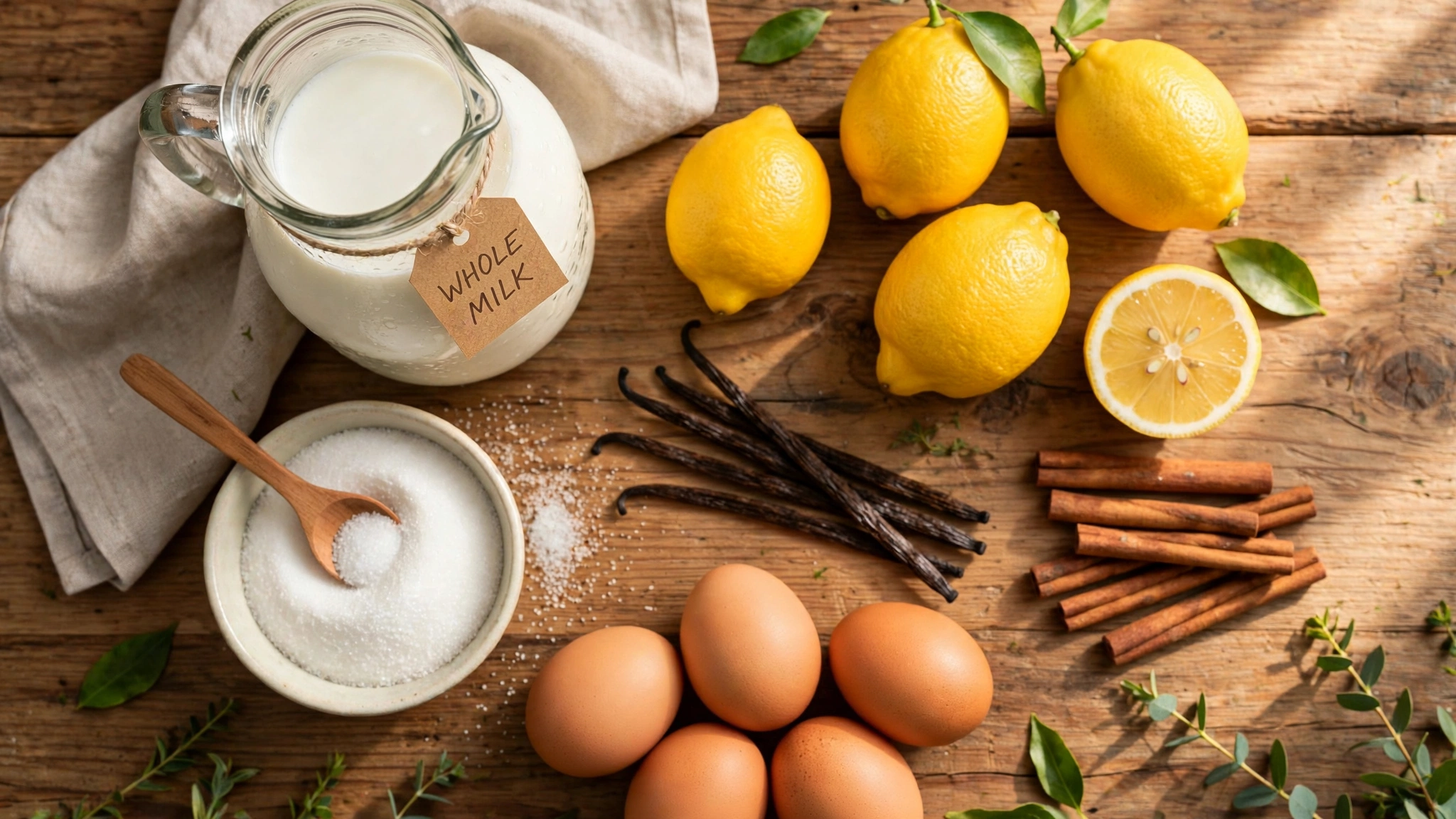 Ingredientes para dulce de leche cortada: leche entera, azúcar, limones, canela, vainilla y huevos