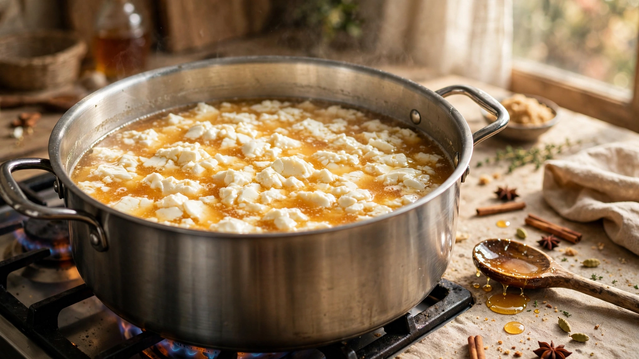 Leche cortada formando grumos suaves en almíbar dentro de una olla grande