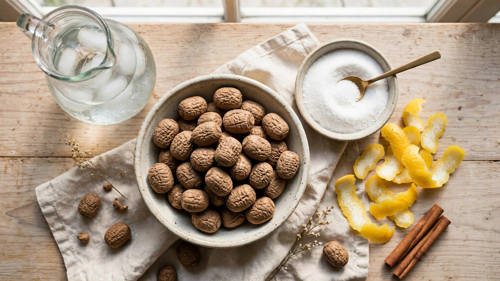 Ingredientes de la horchata de chufa: chufas secas, azúcar, limón y canela sobre una mesa