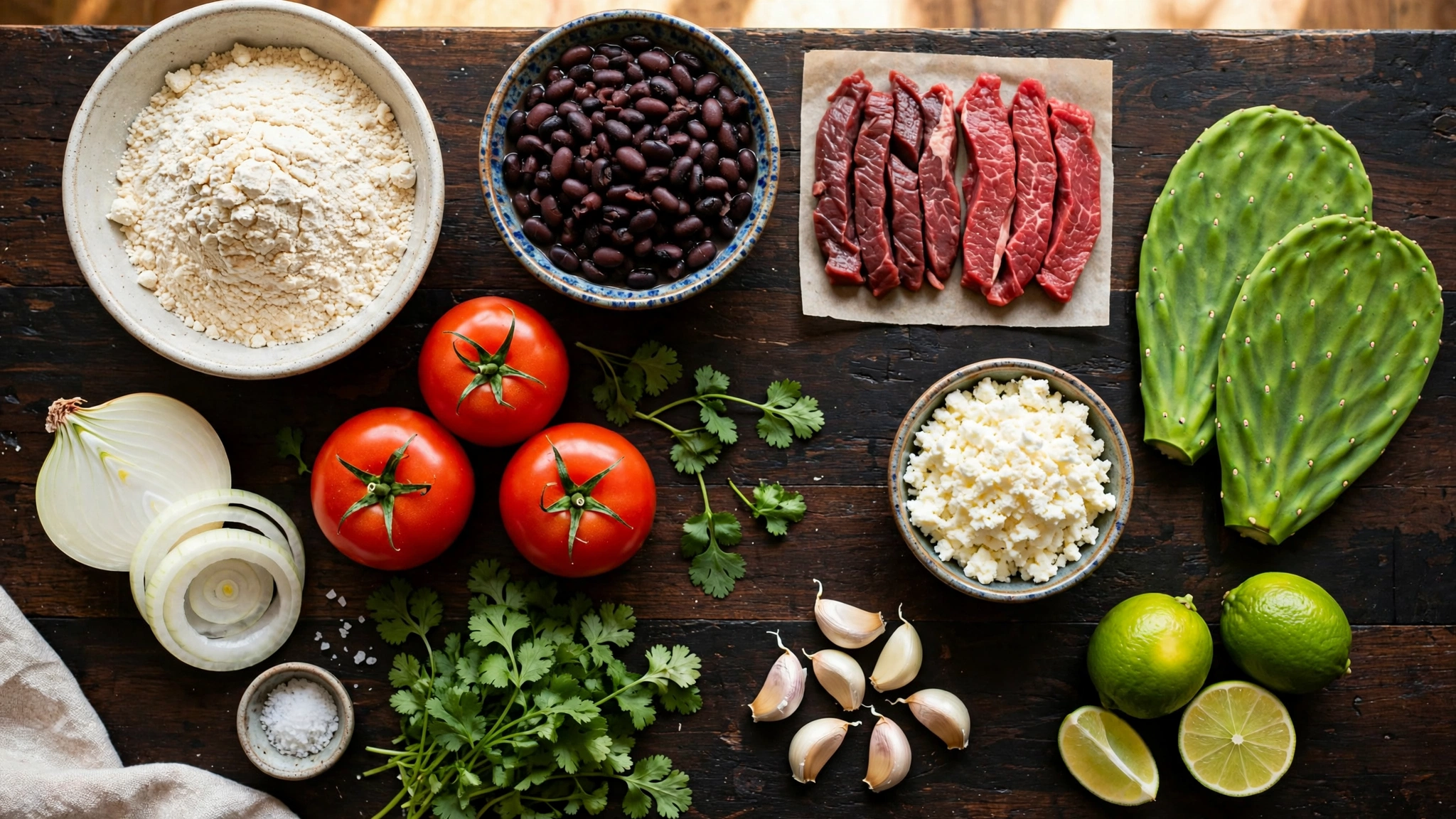 Ingredientes para huaraches mexicanos: harina de maíz, frijoles negros, bistec, nopales, jitomate, cebolla, cilantro y queso fresco