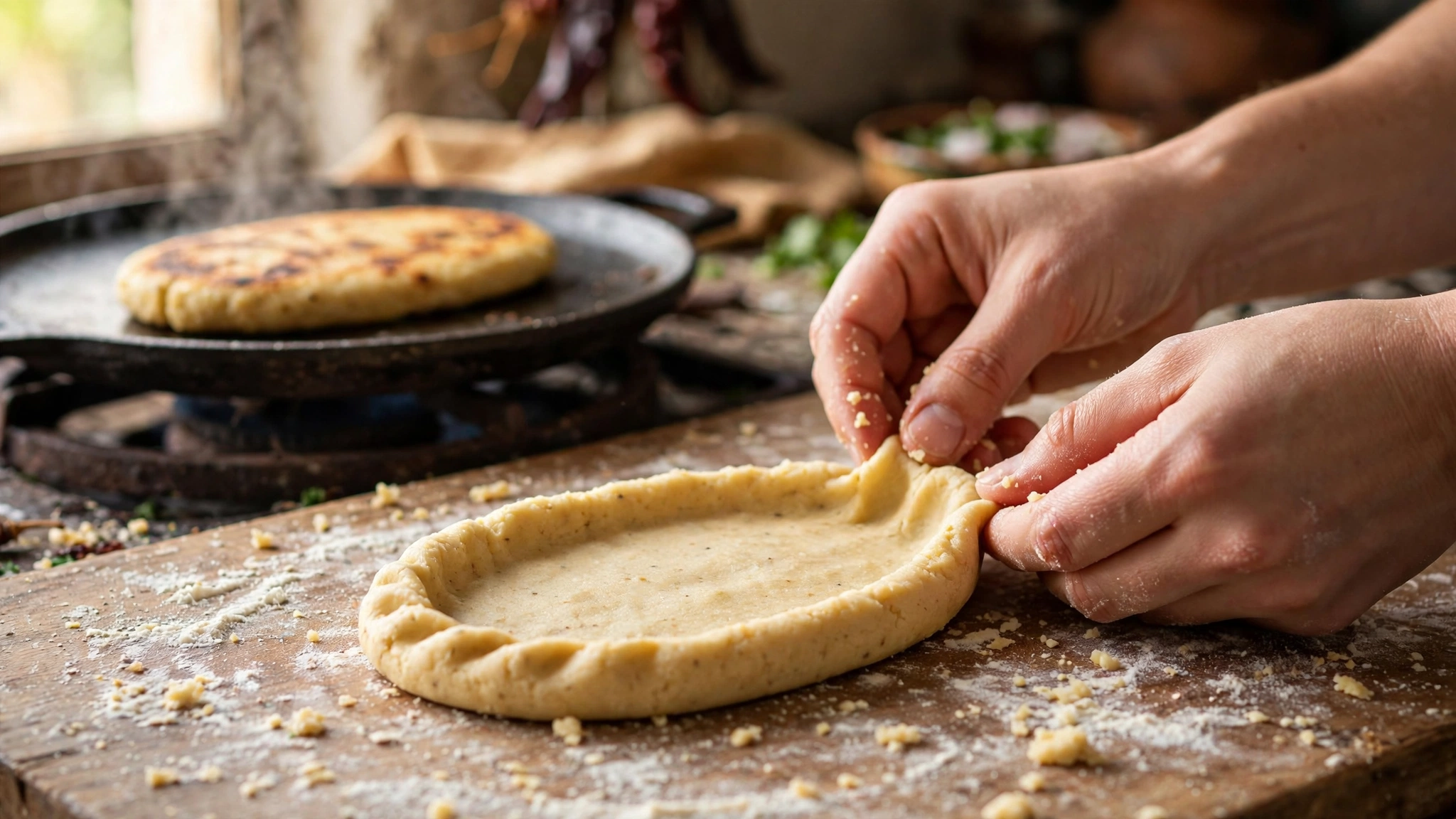 Manos formando un huarache ovalado de masa de maíz con un comal caliente al fondo