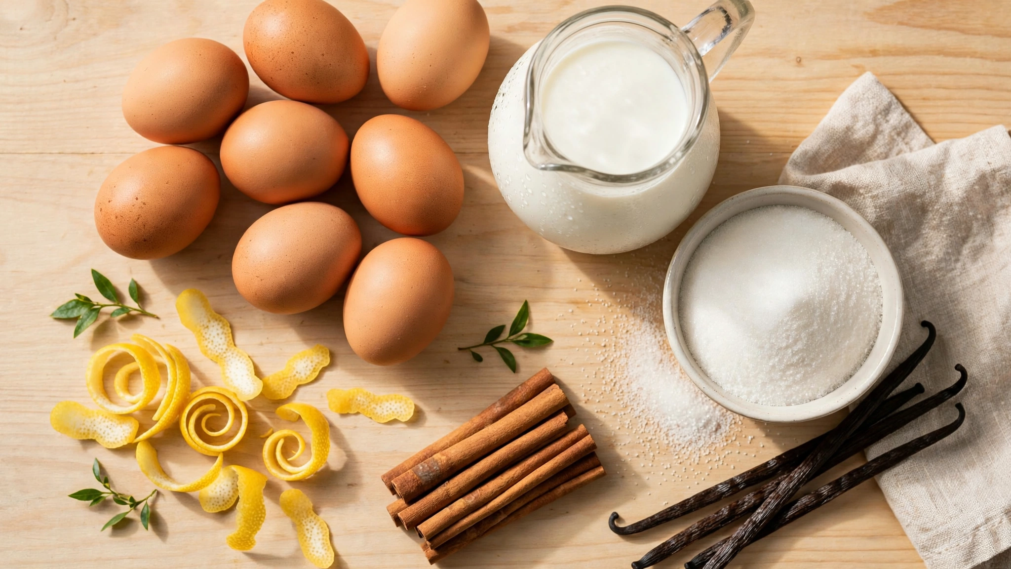 Ingredientes para leche asada: huevos, leche, azúcar, vainilla, canela y cáscara de limón