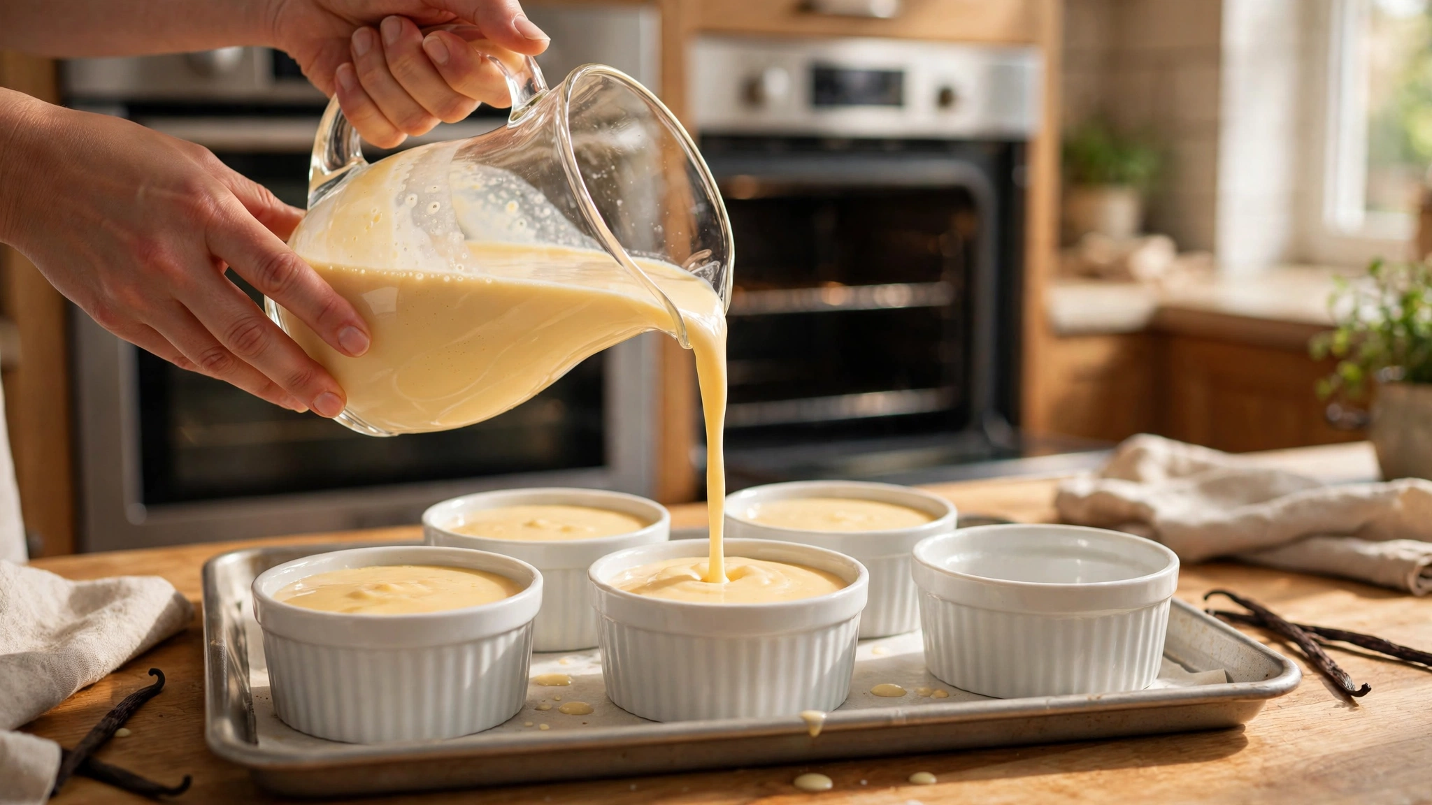 Vertiendo la mezcla de leche, huevo y azúcar en moldes individuales antes de hornear
