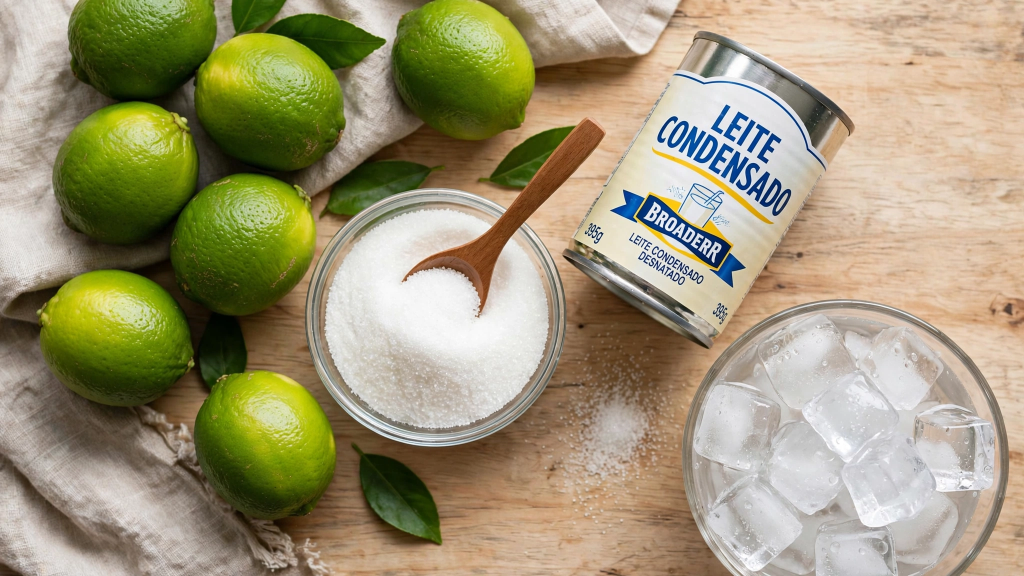 Ingredientes de la limonada brasileña: limas verdes, leche condensada, azúcar y hielo