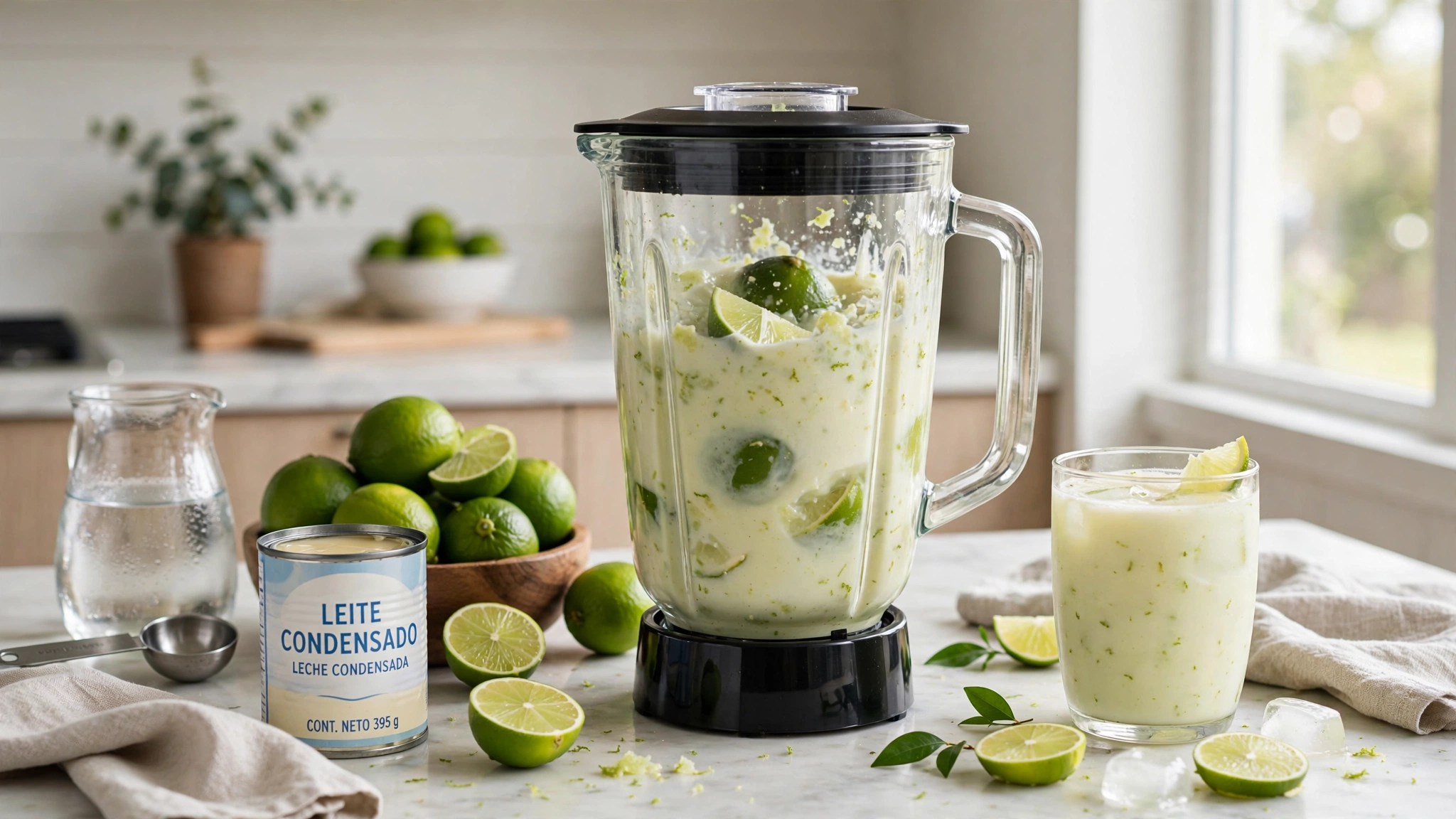 Limas verdes licuándose con leche condensada para preparar limonada brasileña