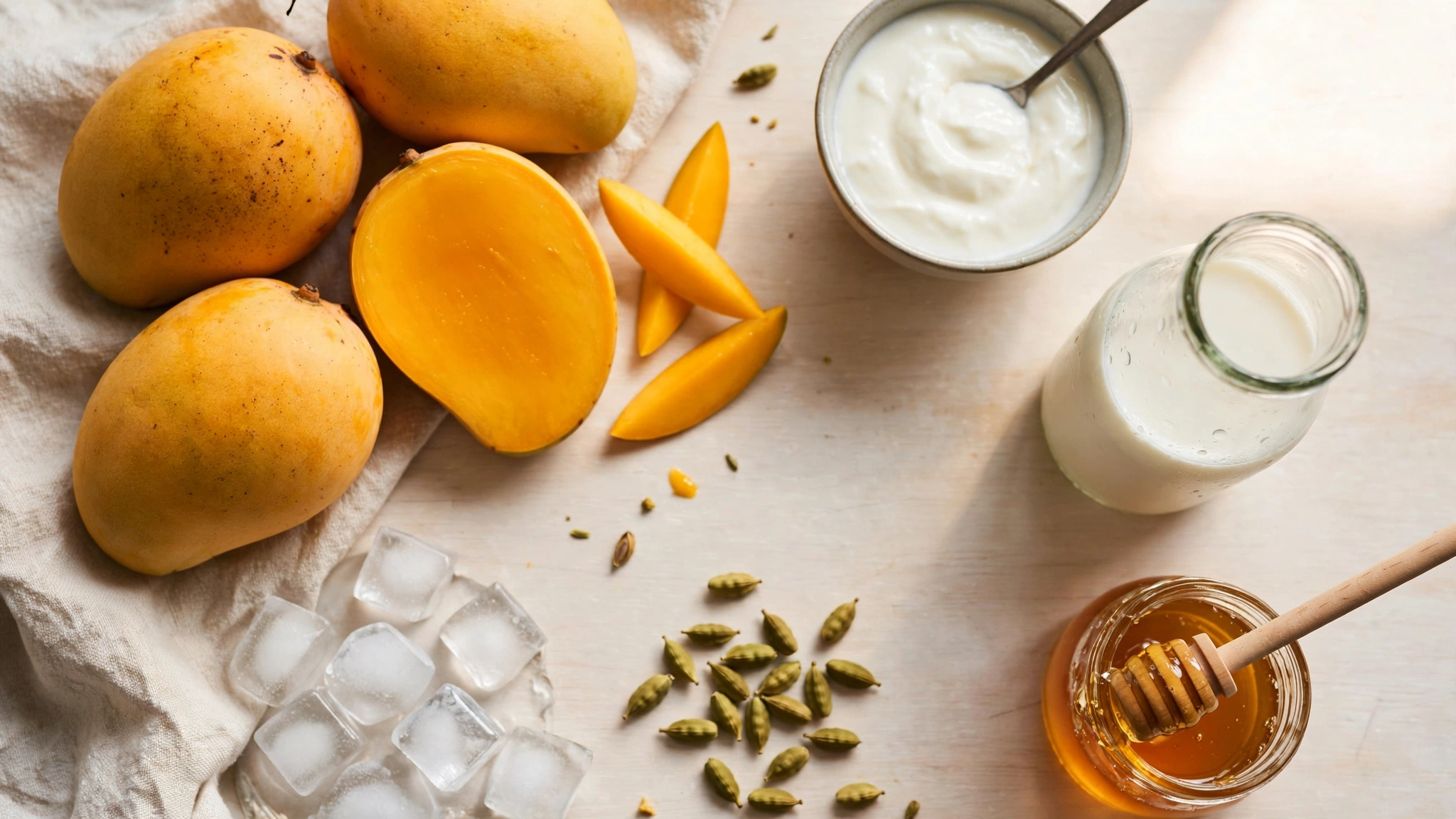 Ingredientes del mango lassi: mangos maduros, yogur natural, leche, miel y cardamomo