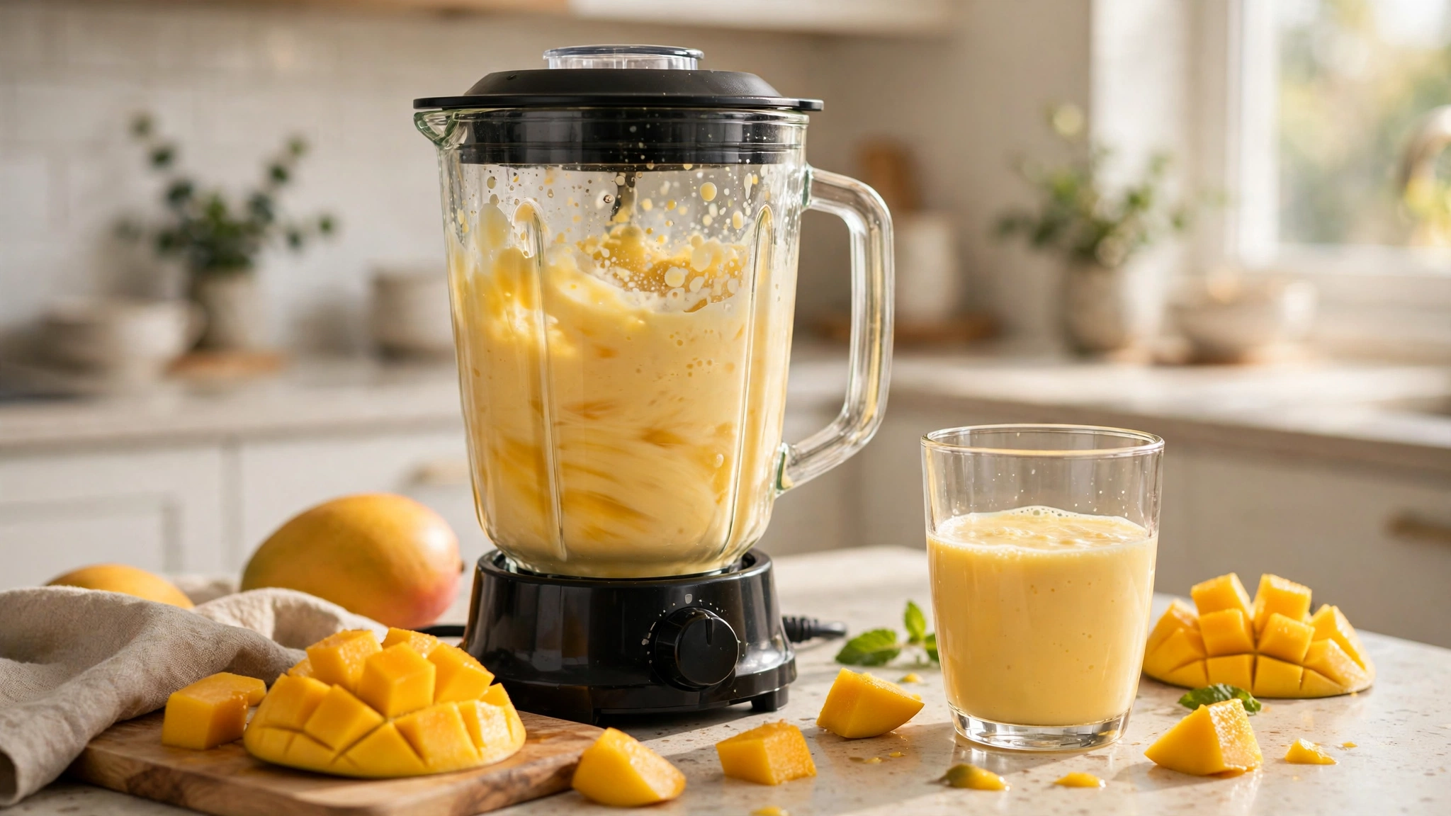 Licuadora preparando mango lassi cremoso junto a un vaso servido y trozos de mango