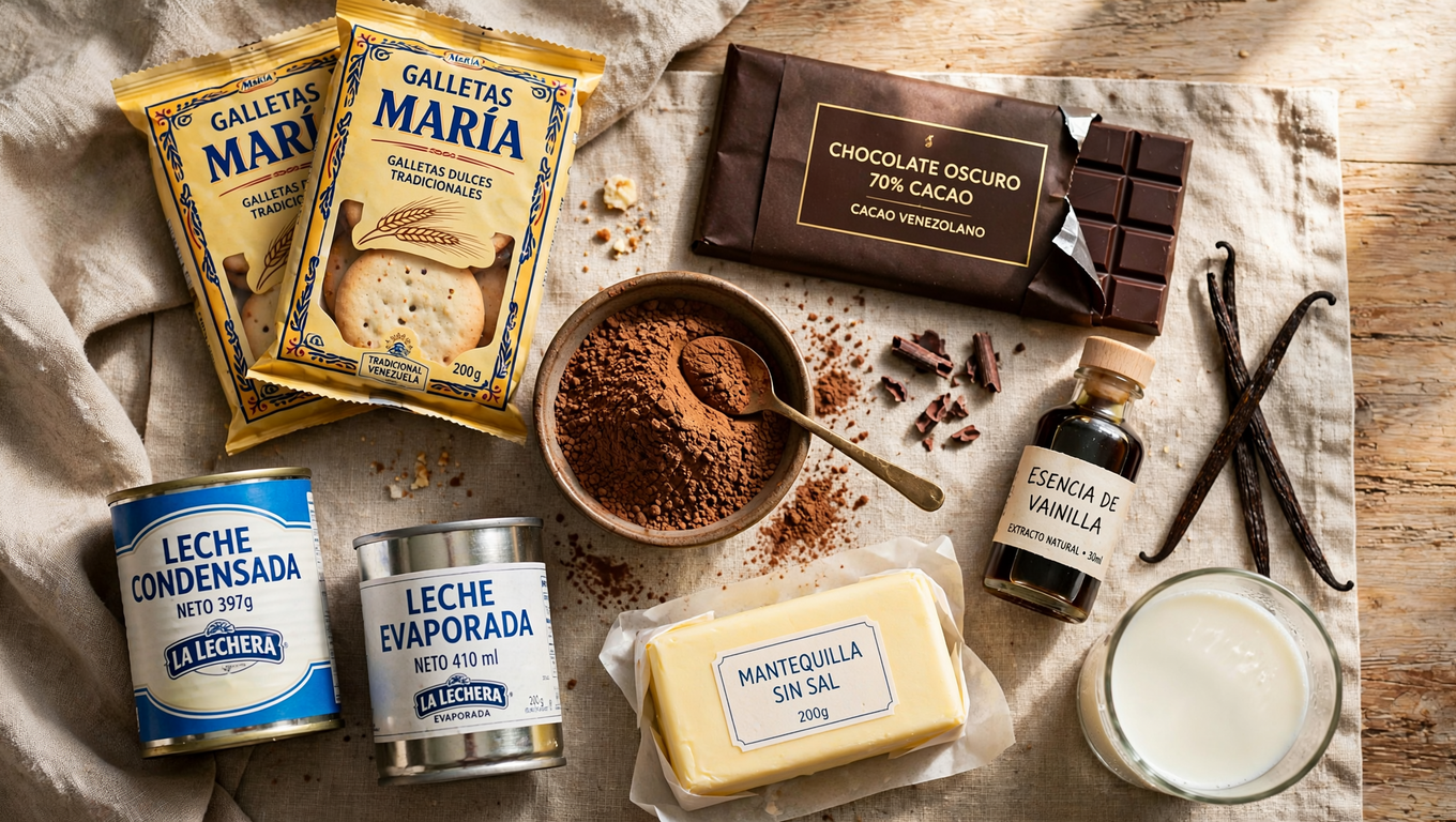 Ingredientes de la marquesa de chocolate: galletas María, chocolate, leche condensada, mantequilla y cacao