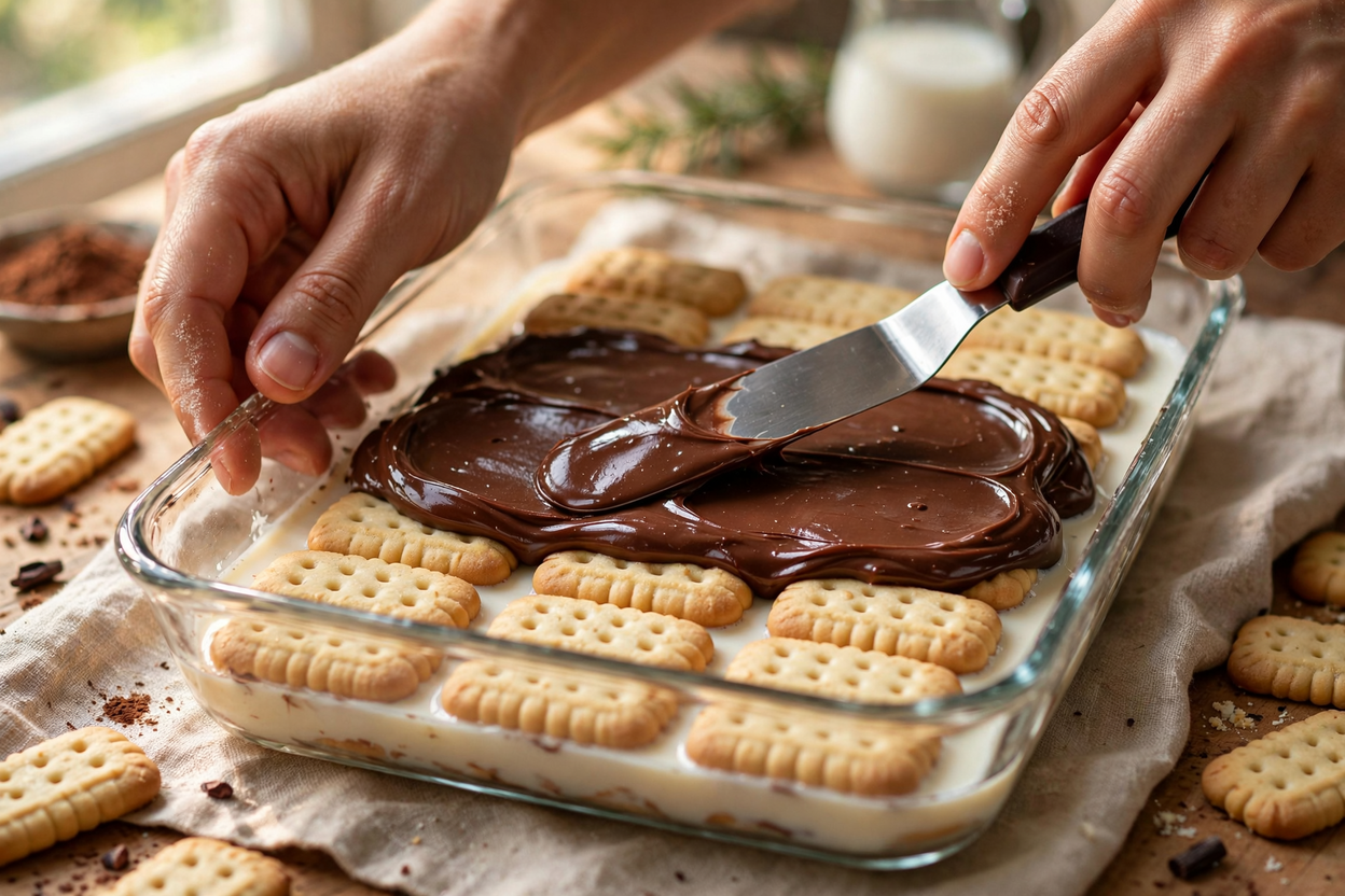 Armado de la marquesa de chocolate: capas de galletas María remojadas y crema de chocolate en un molde