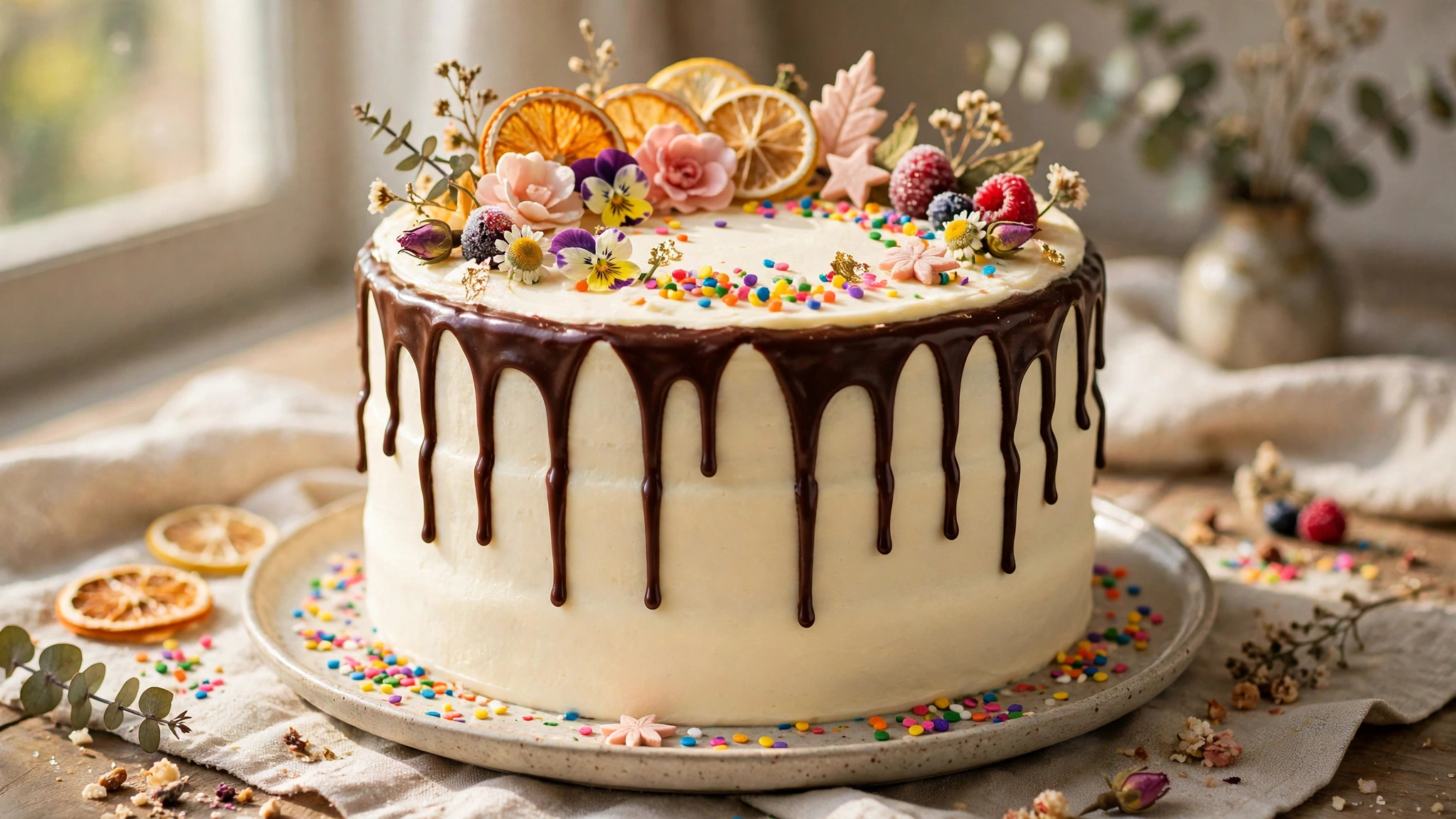 Pastel de cumpleaños de tres capas con buttercream, ganache de chocolate, sprinkles y decoraciones comestibles
