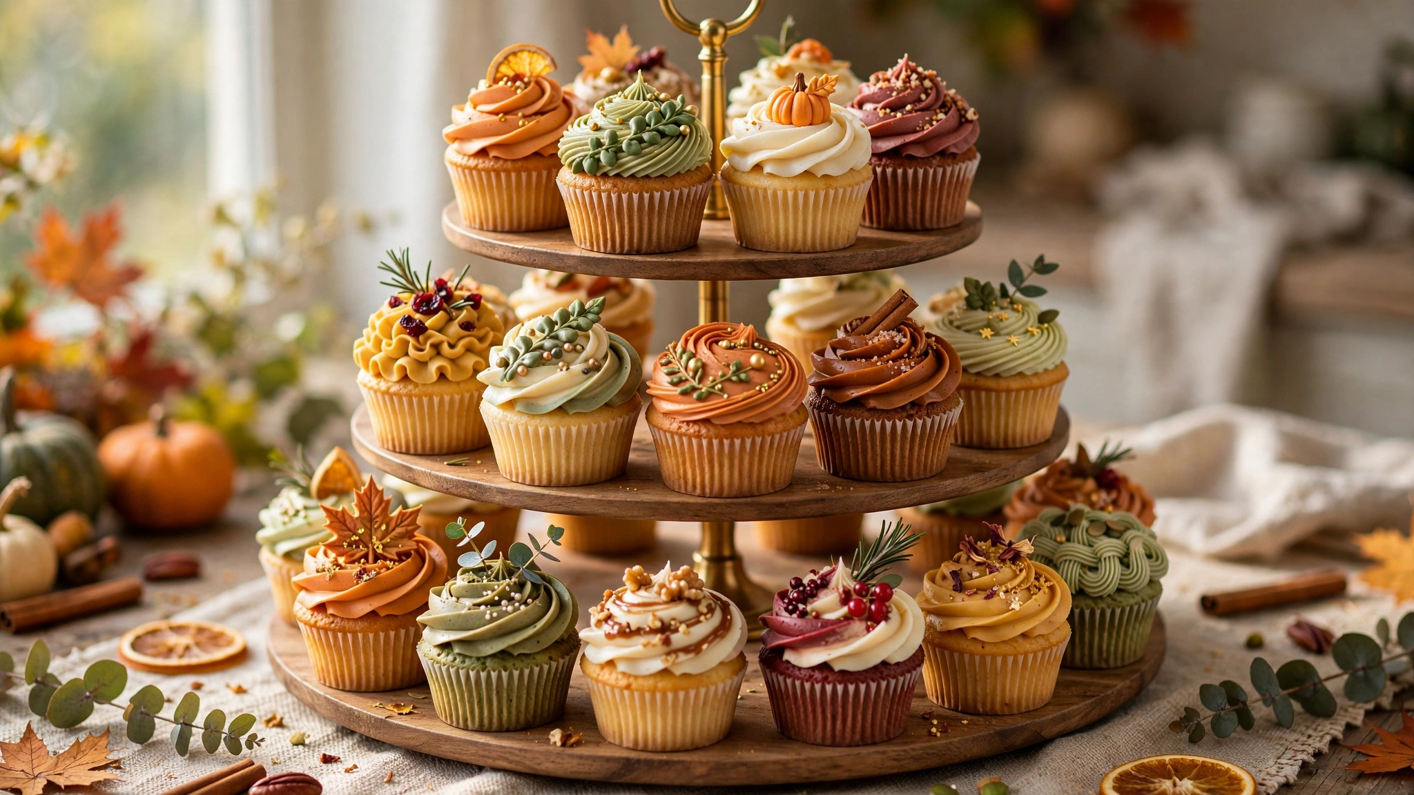 Cupcakes decorados con frosting en diseños creativos de temporada sobre una base de repostería