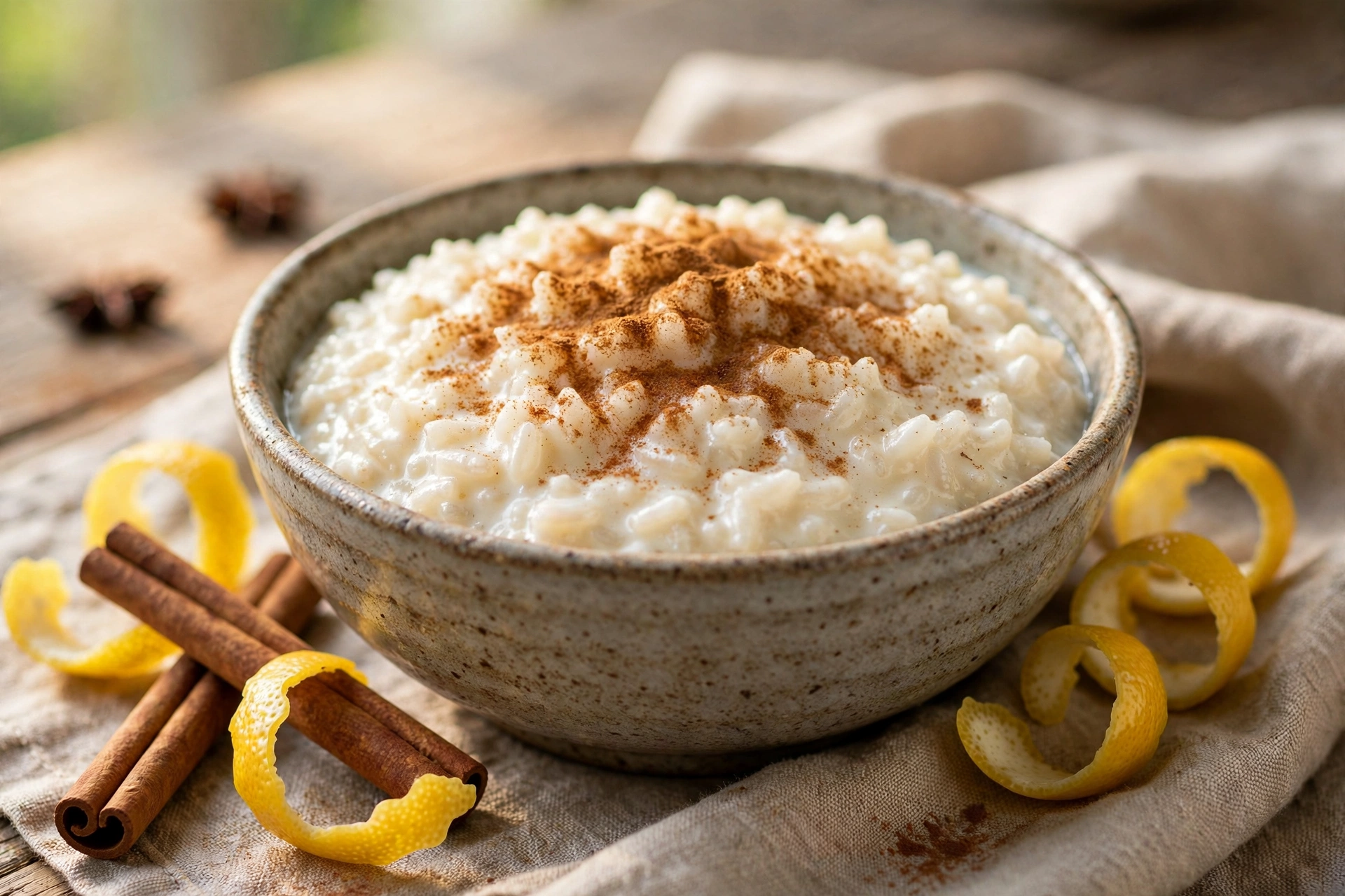 Arroz con leche cremoso con canela espolvoreada
