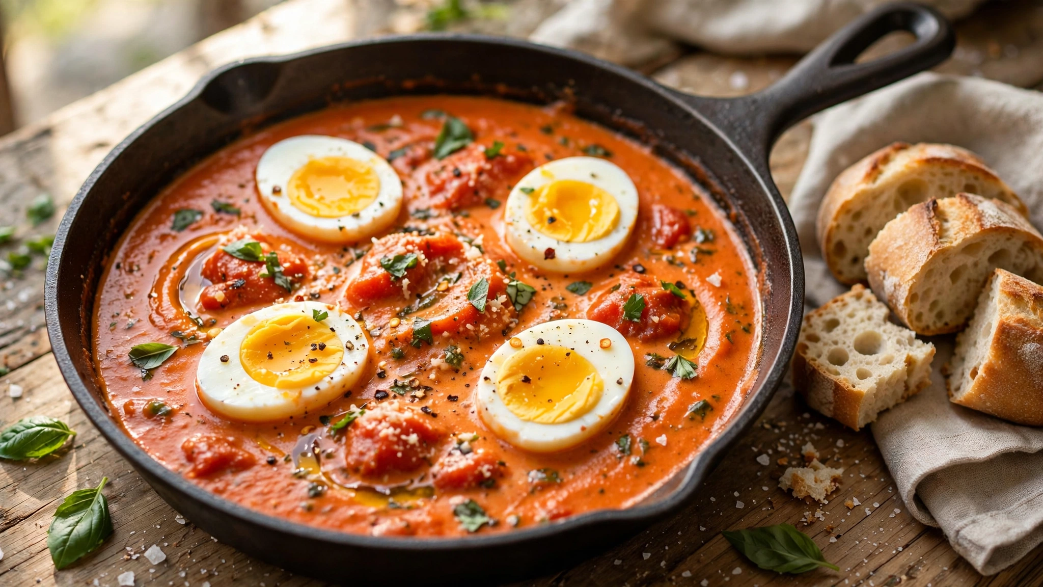 Huevos hervidos en salsa cremosa de tomate con pan para mojar