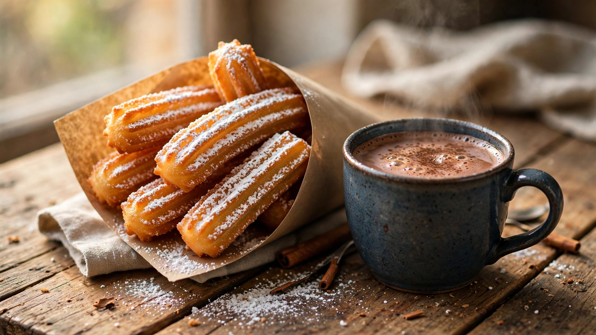 Churros caseros dorados con azúcar junto a una taza de chocolate caliente