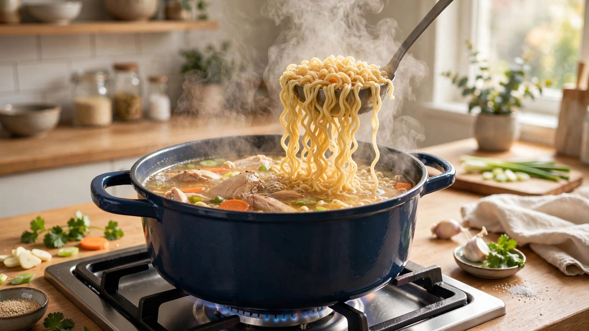 Olla de caldo de pollo para ramen hirviendo a fuego lento mientras se levantan los fideos