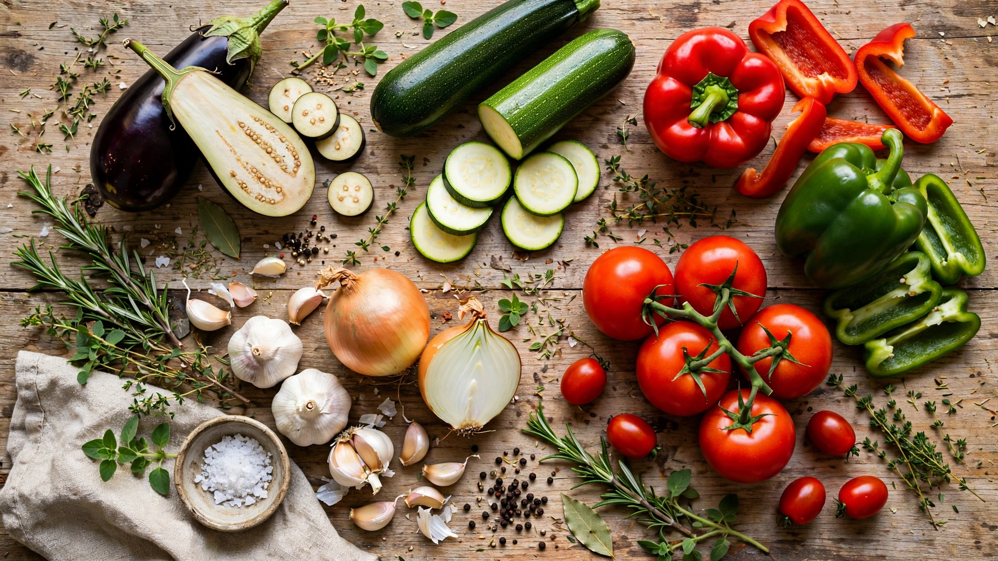 Ingredientes del ratatouille: berenjena, calabacín, pimientos, tomates, cebolla y hierbas provenzales