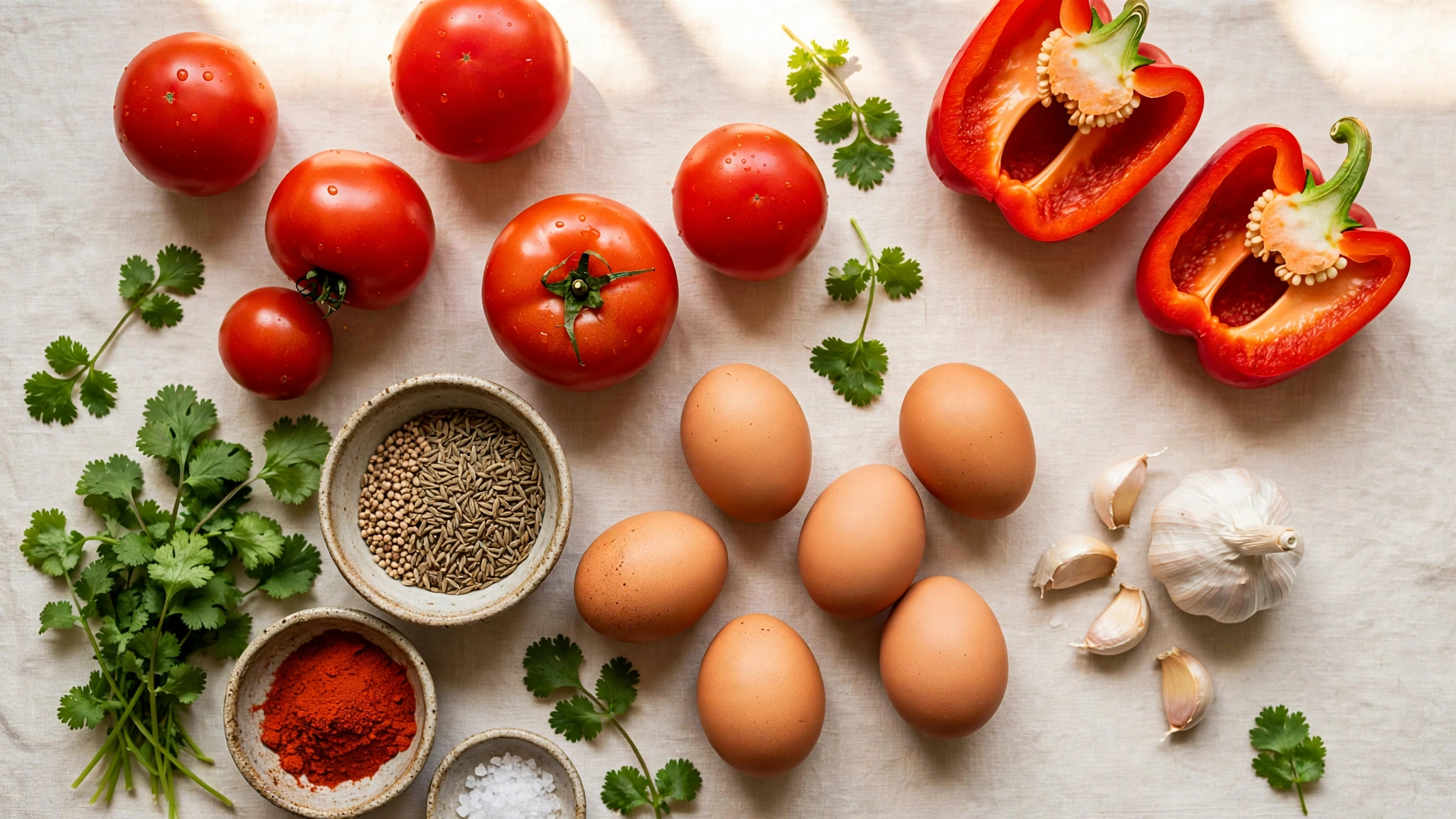 Ingredientes de la shakshuka: tomates, huevos, pimiento rojo, cebolla, ajo y especias