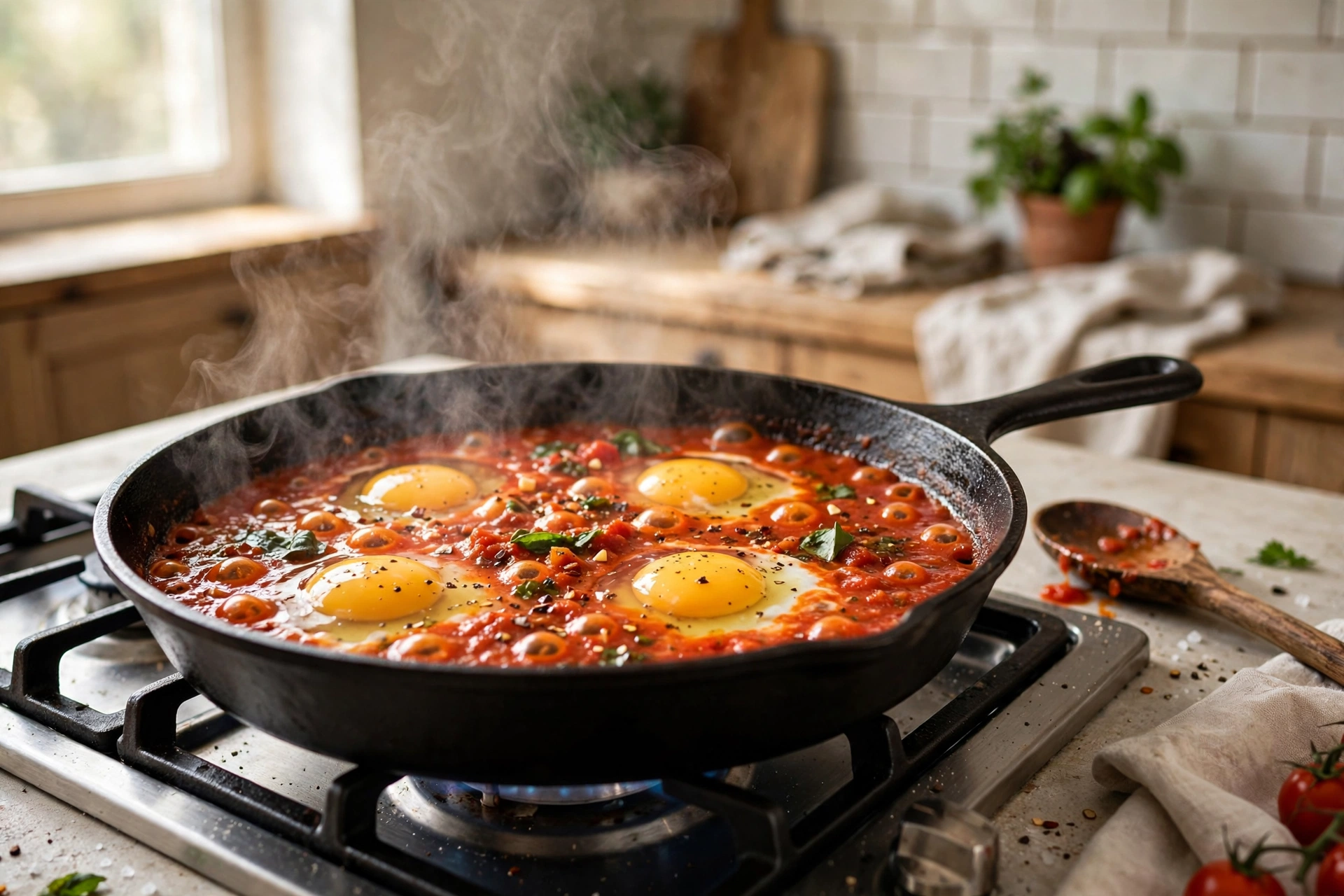 Huevos recién cascados sobre la salsa de tomate burbujeante de la shakshuka en sartén de hierro