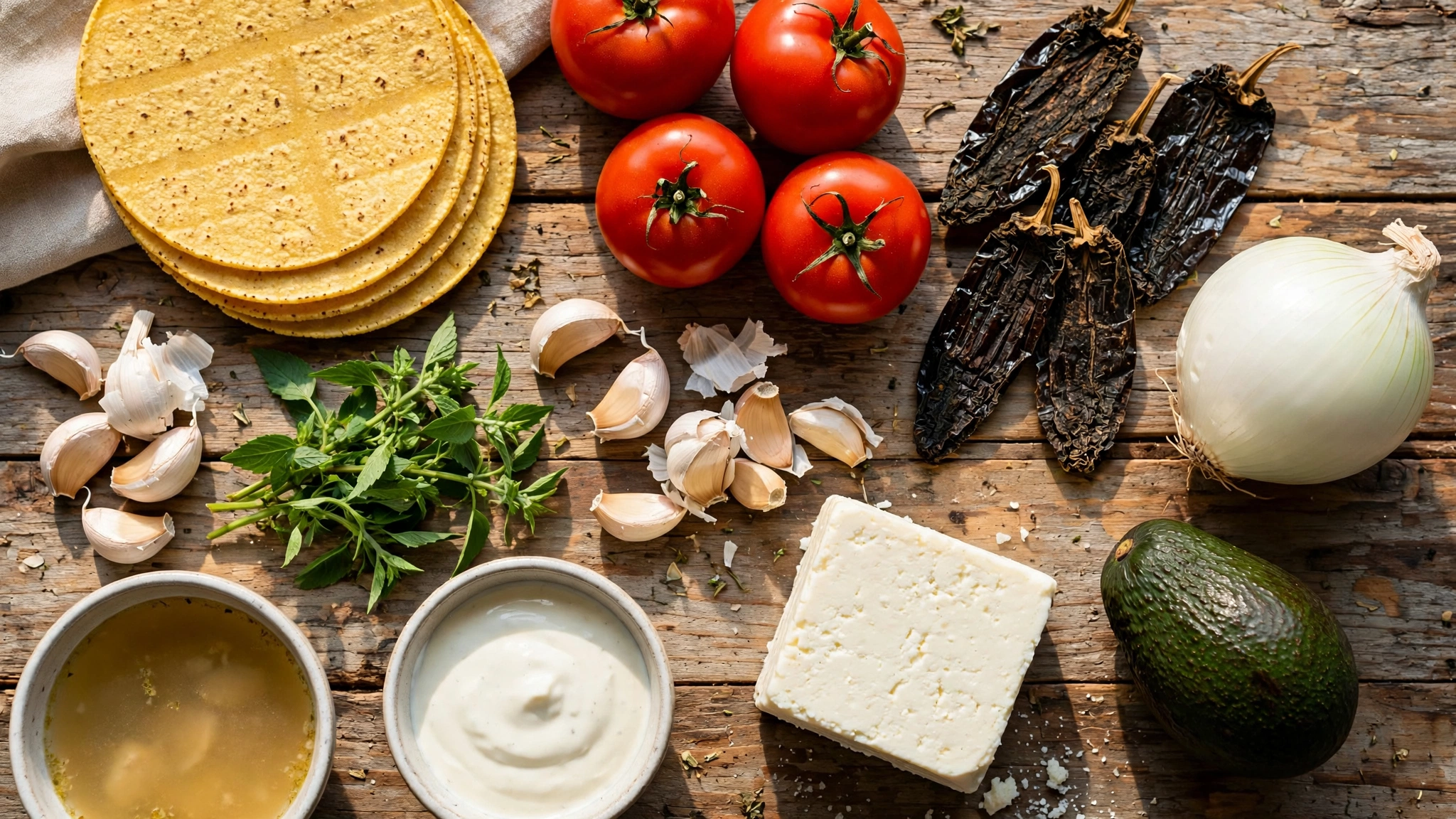 Ingredientes de la sopa de tortilla: tortillas de maíz, jitomates, chile pasilla, cebolla, ajo y aguacate
