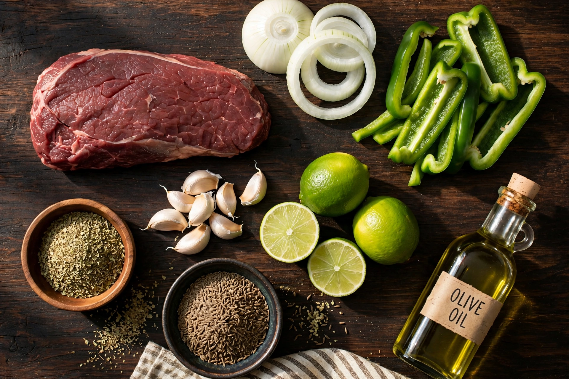 Ingredientes para vaca frita cubana: falda de res, cebollas, pimiento verde, ajos, limones y especias