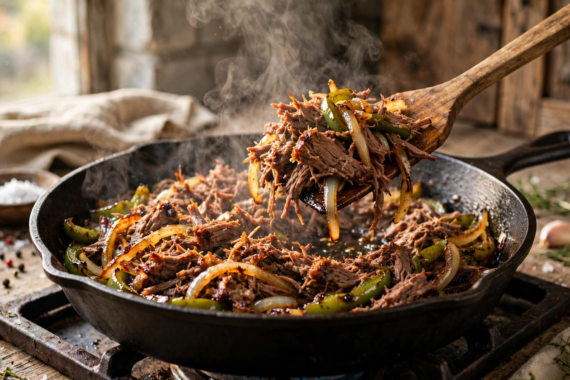 Carne deshebrada dorándose crujiente en sartén de hierro con cebolla y pimiento verde