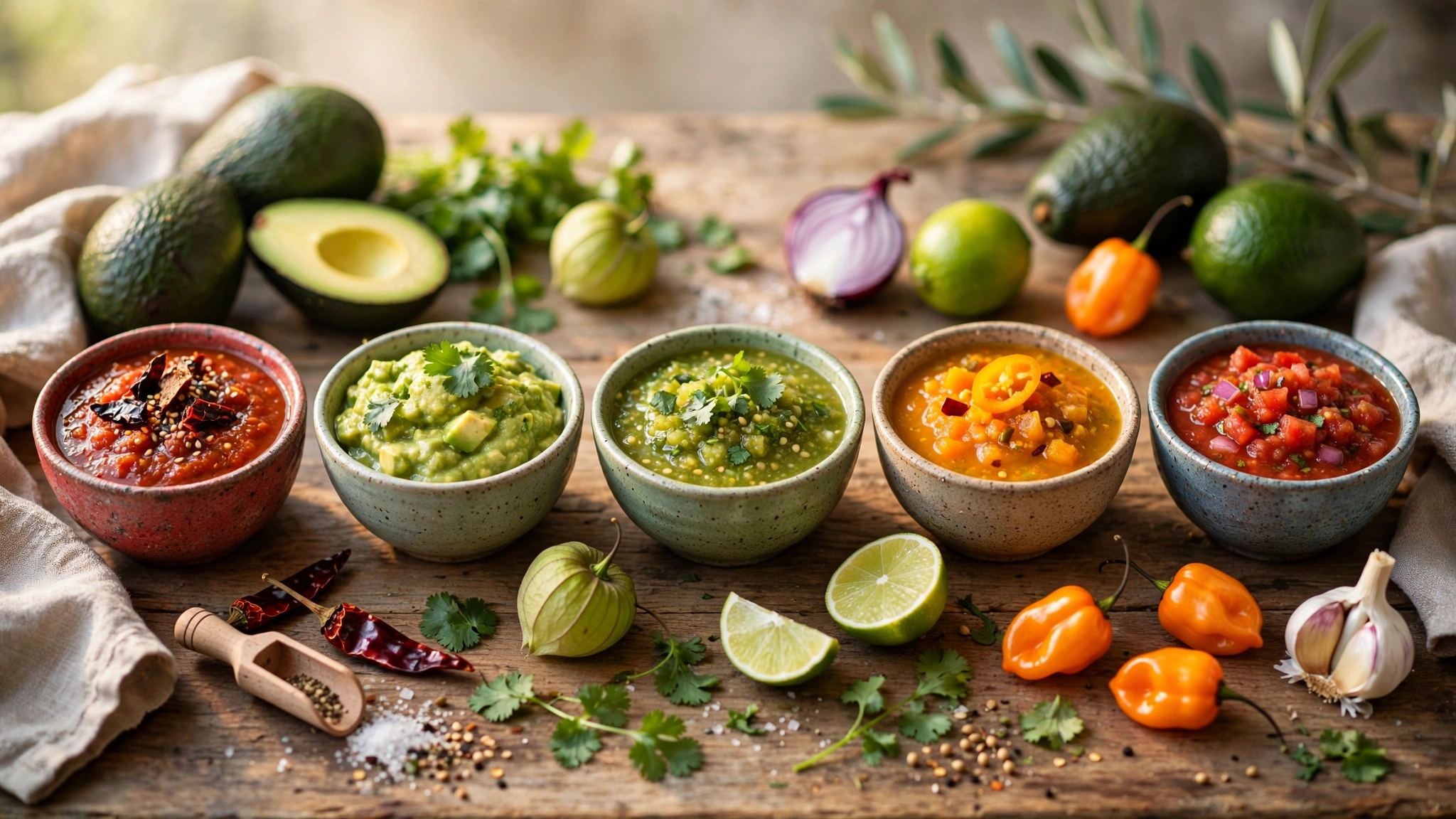 Cinco salsas mexicanas caseras en tazones: roja, verde, de aguacate y de habanero