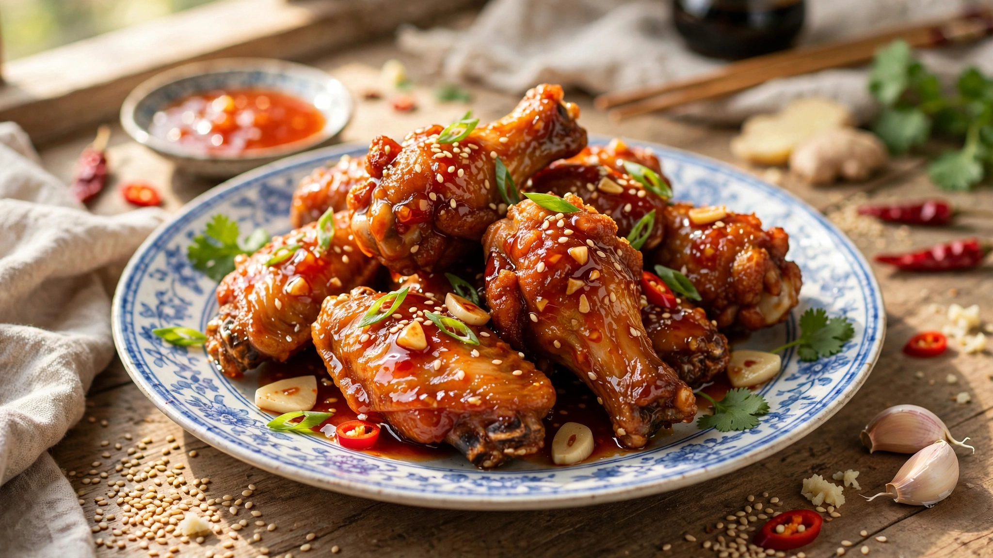 Alitas de pollo crujientes estilo comida china con salsa de ajo y chile