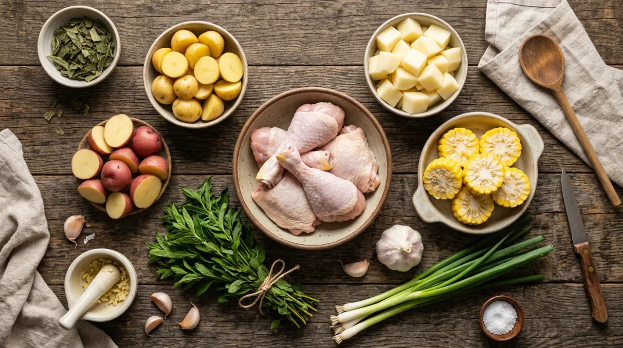 Ingredientes del ajiaco colombiano: pollo, papas, elote y guascas