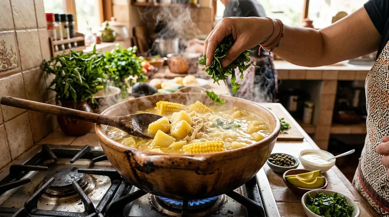 Olla de ajiaco colombiano hirviendo con papas, elote y guascas frescas