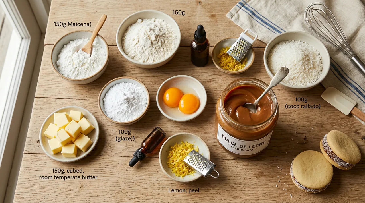 Ingredientes para alfajores de maicena: maicena, mantequilla, dulce de leche y coco rallado