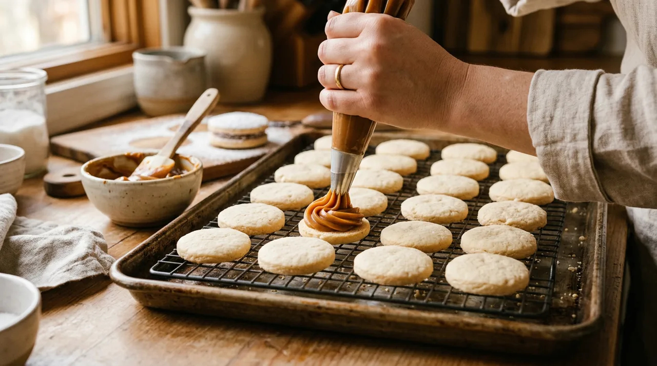 Tapitas de alfajor horneadas rellenándose con dulce de leche