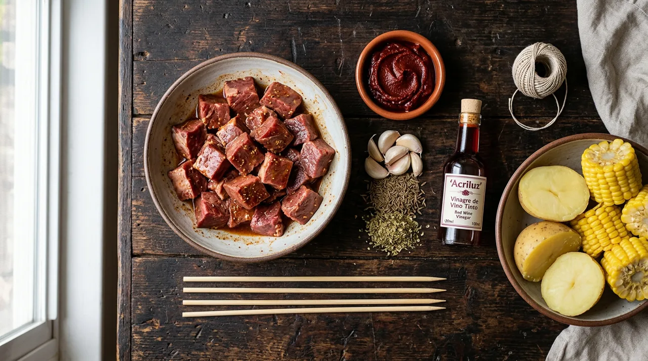 Ingredientes para anticuchos: corazón de res, ají panca, ajos, comino y palitos de brocheta